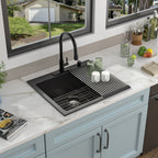 25 Granite Composite Kitchen Sink - Fulorni 25"×22" Granite Kitchen Sink Drop In Topmount Matte Black Quartz Classic Above Counter Single Bowl Sink Basin