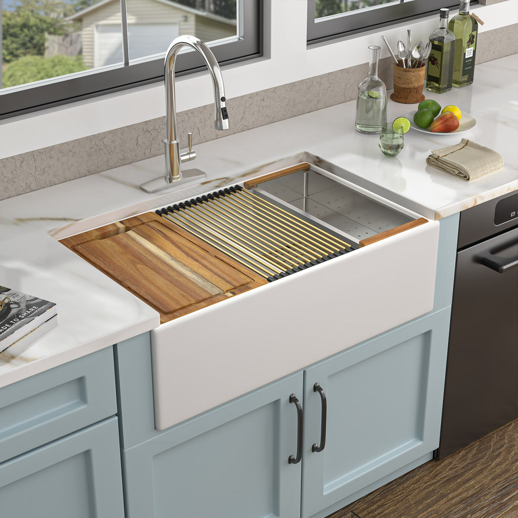 33 White Farm Sink Workstation - Fulorni 33"x20" Farmhouse Kitchen Sink Apron Front Workstation with Slide Ledge Reversible Double Bowl 50/50 White Ceramic Porcelain Fireclay Farmer Sink Basin