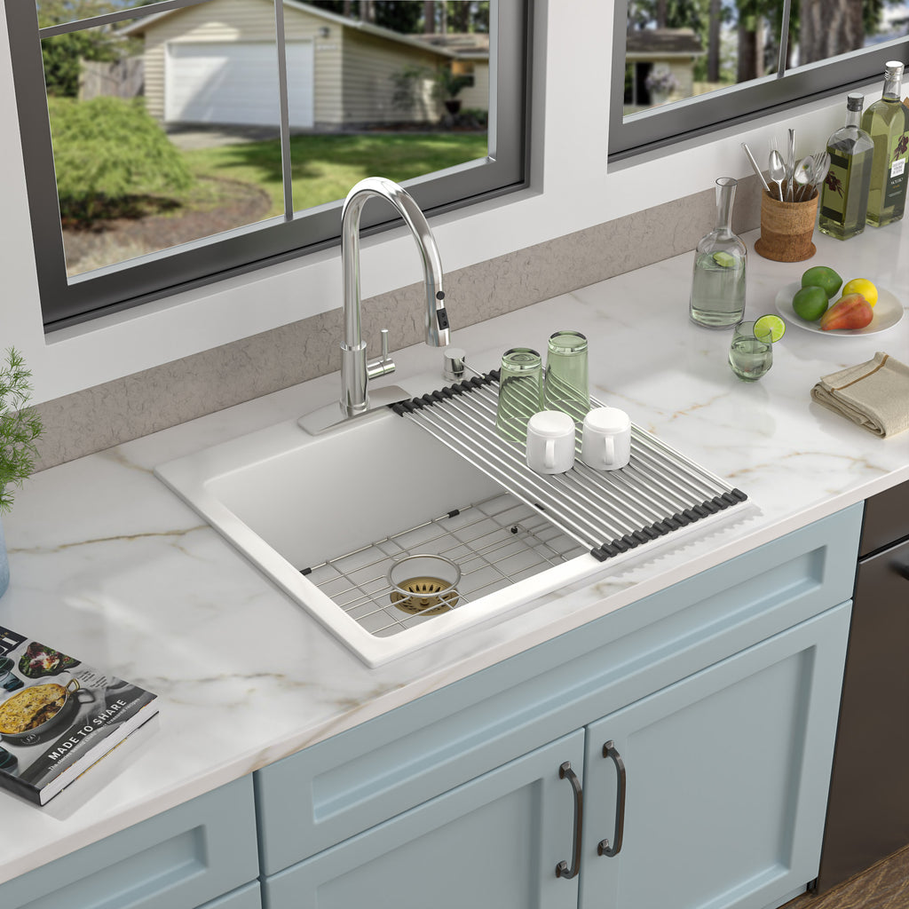 25 Granite Composite Kitchen Sink - Fulorni 25"×22" Granite Kitchen Sink Drop In Topmount White Quartz Classic Above Counter Single Bowl Sink Basin