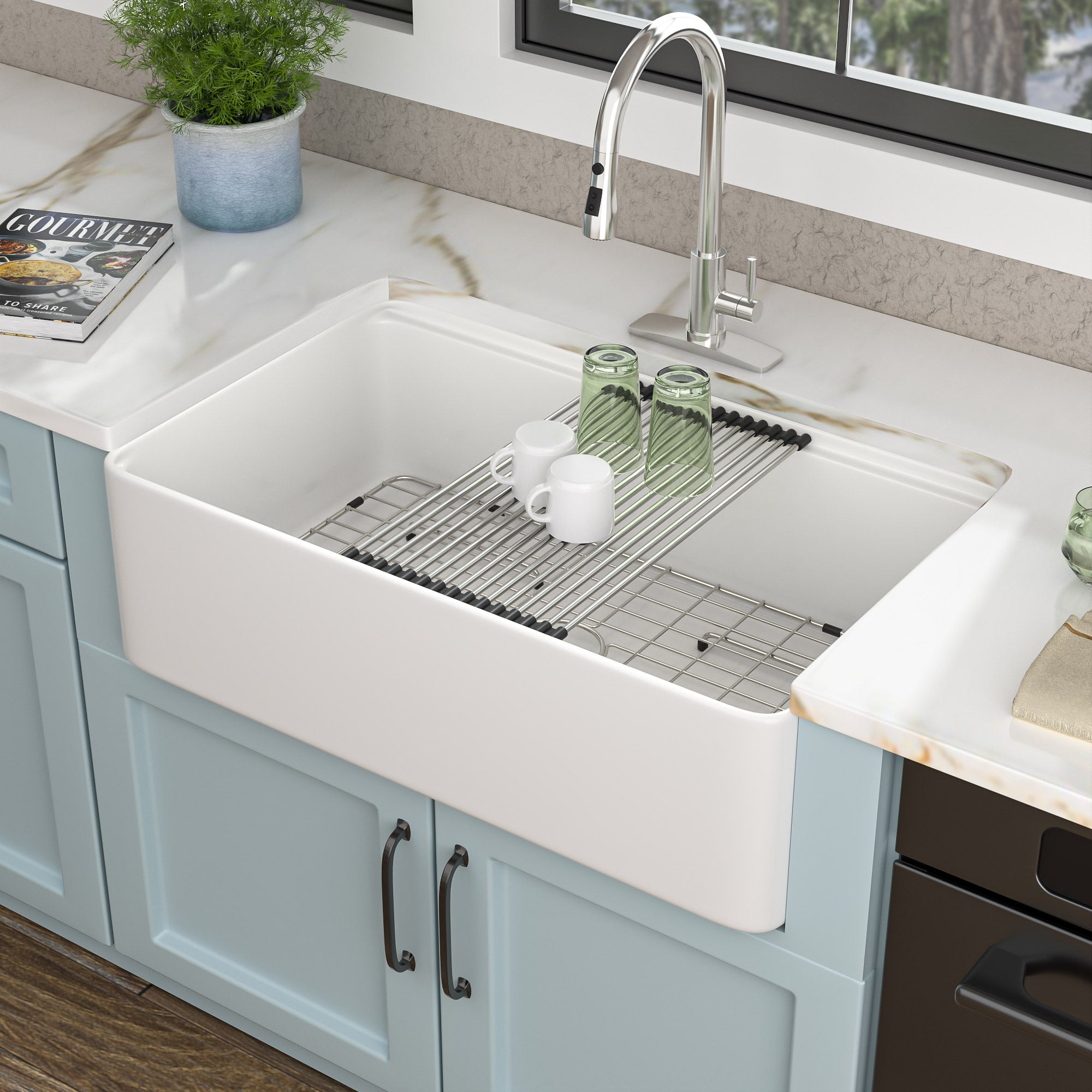 33 White Farm Sink Workstation - Fulorni 33"x20" Farmhouse Kitchen Sink Apron Front Workstation with Slide Ledge Double Bowl 50/50 White Ceramic Porcelain Fireclay Farmer Sink Basin