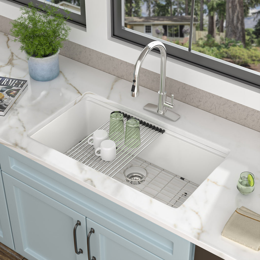 30 Granite Composite Kitchen Sink - Fulorni 30"x19" Granite Kitchen Sink Ledge Workstation Undermount White Quartz Classic Under Counter Single Bowl Sink Basin