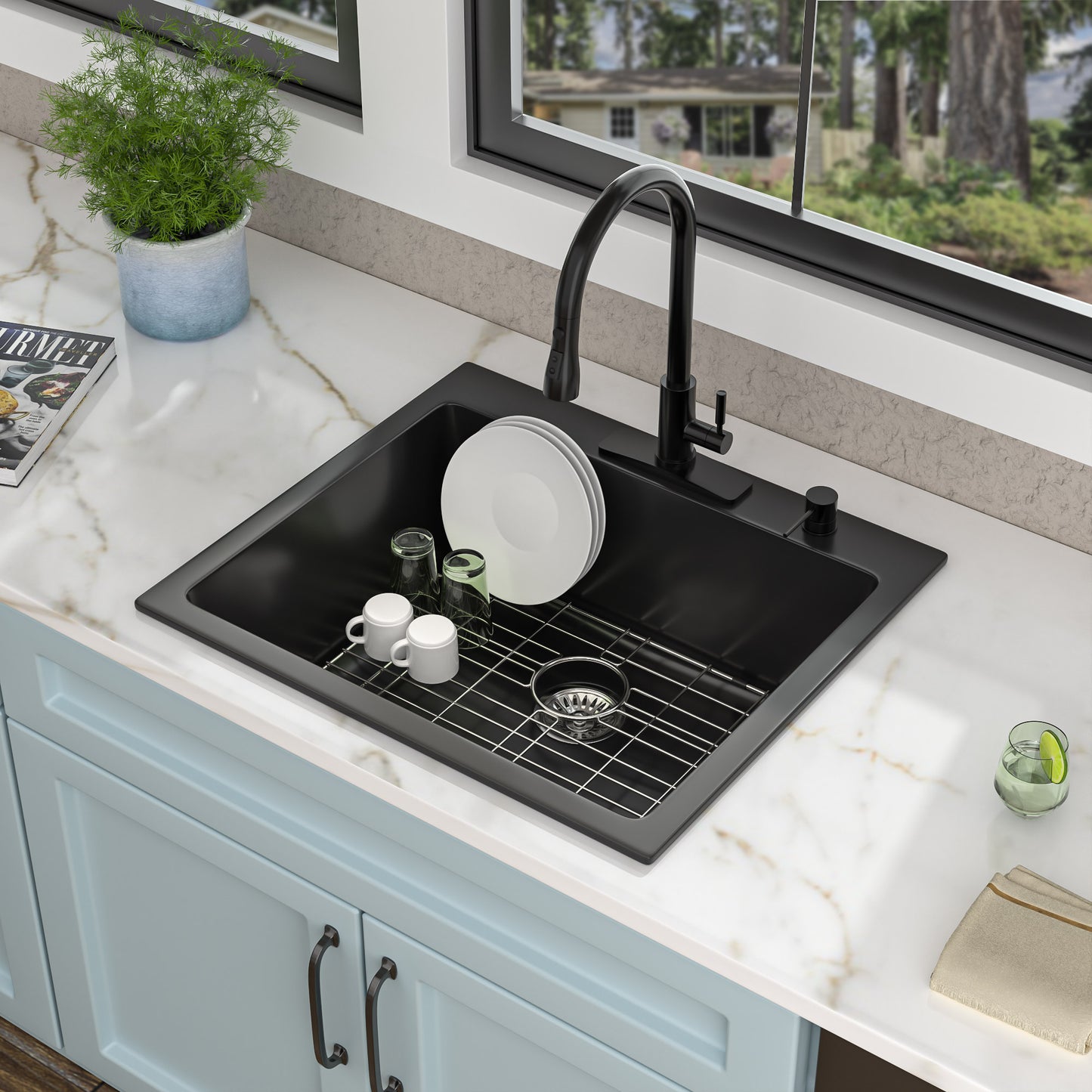 25 Granite Composite Kitchen Sink - Fulorni 25"×22" Granite Kitchen Sink Drop In Topmount Matte Black Quartz Classic Above Counter Single Bowl Sink Basin