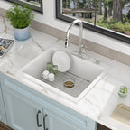 25 Granite Composite Kitchen Sink - Fulorni 25"×22" Granite Kitchen Sink Drop In Topmount White Quartz Classic Above Counter Single Bowl Sink Basin