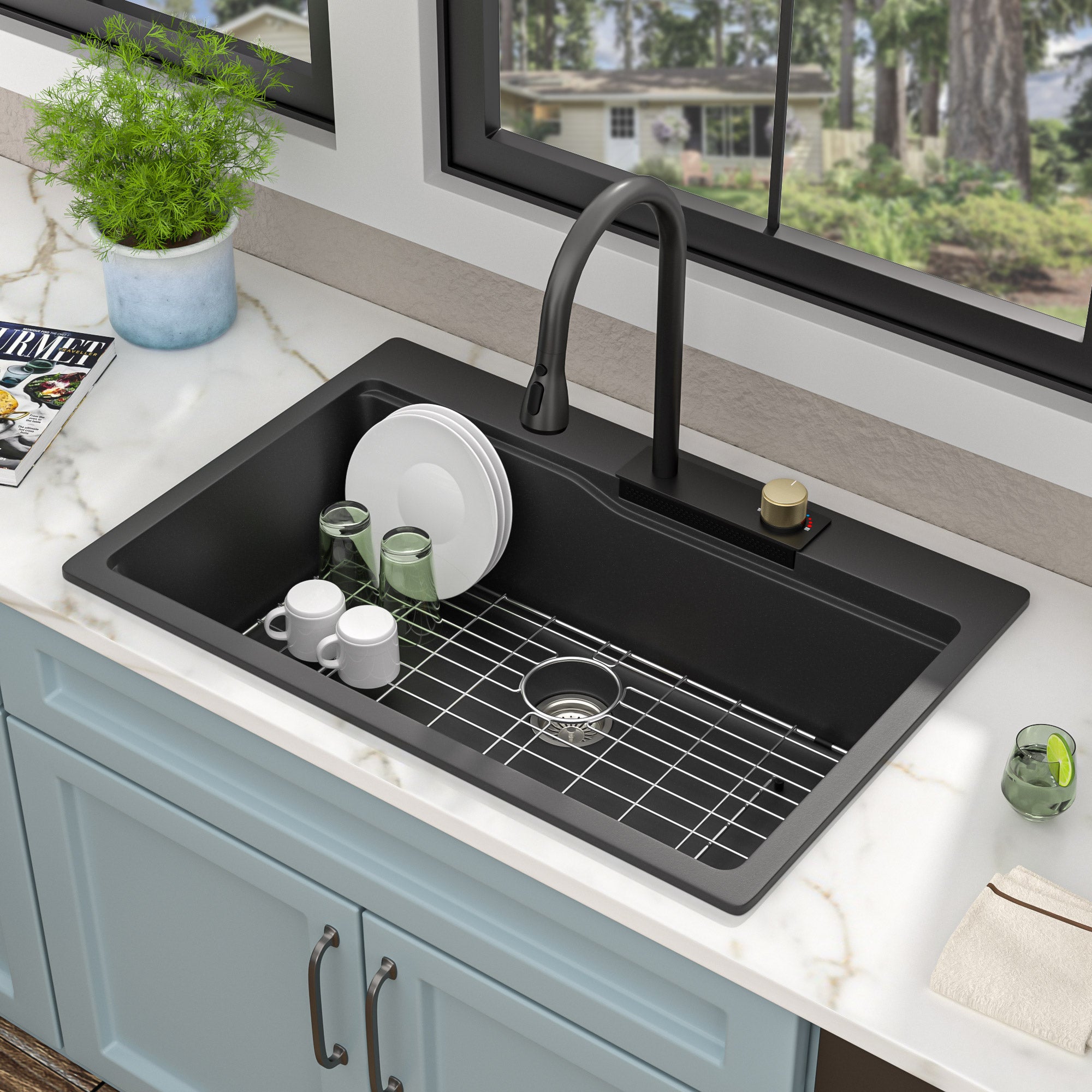 25 Granite Composite Kitchen Sink - Fulorni 25"×22" Granite Kitchen Sink Drop In Topmount Matte Black Quartz Classic Above Counter Single Bowl Sink Basin
