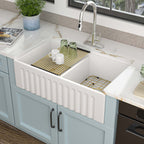 33 White Farm Sink Workstation - Fulorni 33"x20" Farmhouse Kitchen Sink Apron Front Workstation with Slide Ledge Reversible Double Bowl 50/50 White Ceramic Porcelain Fireclay Farmer Sink Basin