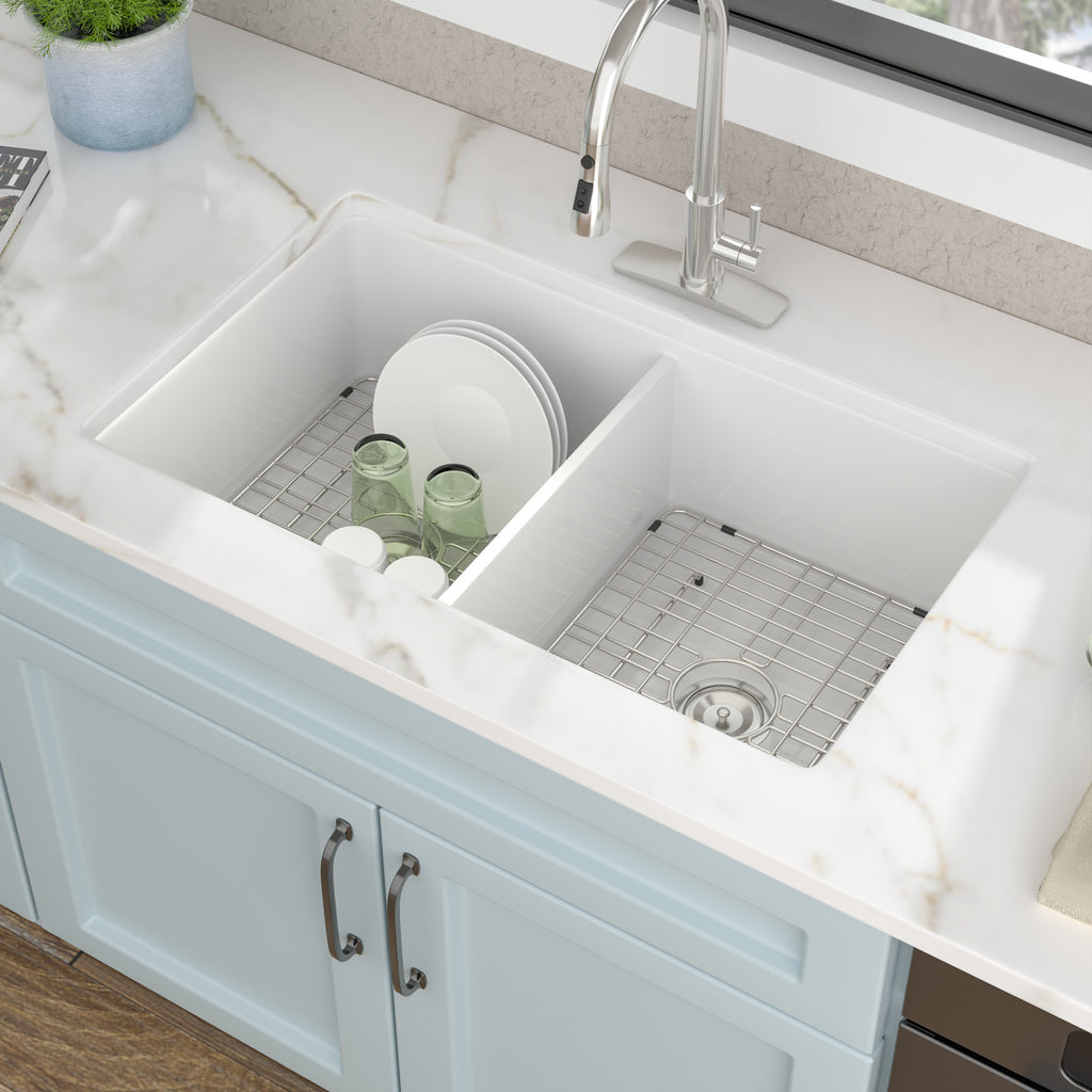 32 White Sink Undermount Double Bowl - Fulorni 32"x19" Kitchen Sink Dual Mount Double Bowl 50/50 White Ceramic Porcelain Fireclay Sink Basin