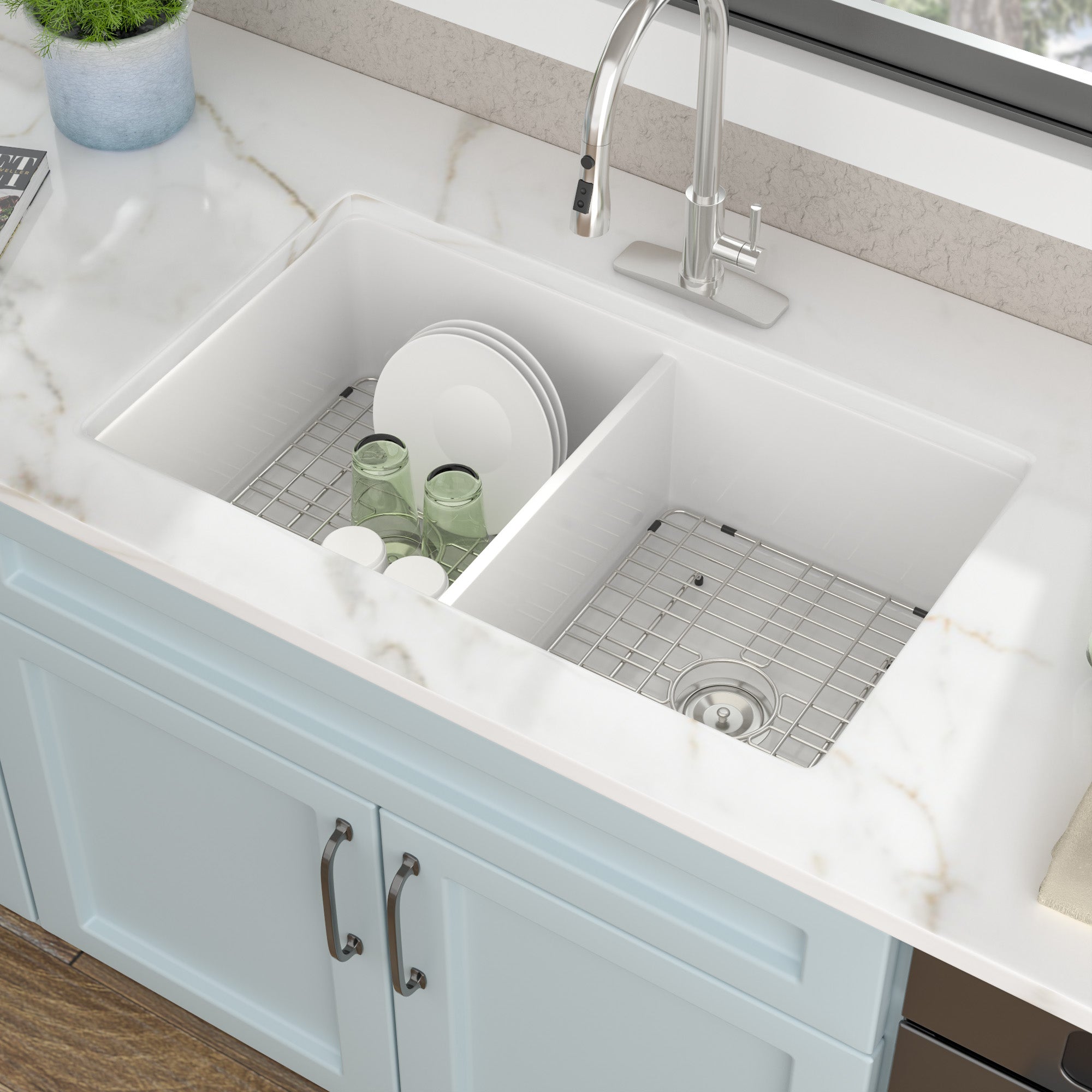 32 White Sink Undermount Double Bowl - Fulorni 32"x19" Kitchen Sink Dual Mount Double Bowl 50/50 White Ceramic Porcelain Fireclay Sink Basin