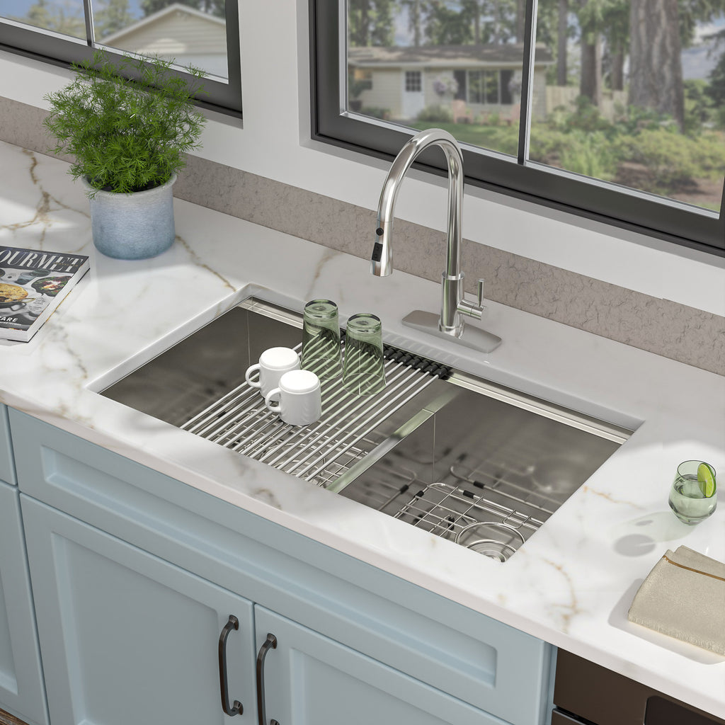 33 Undermount Kitchen Sink Double Bowl - Fulorni 33x19 Inch Kitchen Sink Ledge Workstation Low Divide Double Bowl 50/50 Split 16 Gauge Stainless Steel Under Counter Sink Basin