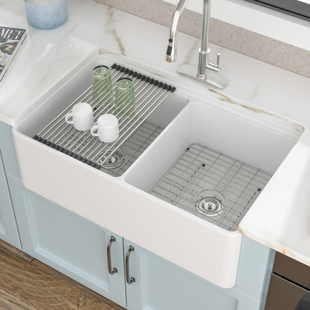 33 White Farm Sink Workstation - Fulorni 33"x20" Farmhouse Kitchen Sink Apron Front Workstation with Slide Ledge Double Bowl 50/50 White Ceramic Porcelain Fireclay Farmer Sink Basin
