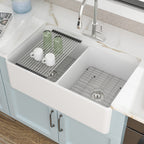 33 White Farm Sink Workstation - Fulorni 33"x20" Farmhouse Kitchen Sink Apron Front Workstation with Slide Ledge Double Bowl 50/50 White Ceramic Porcelain Fireclay Farmer Sink Basin