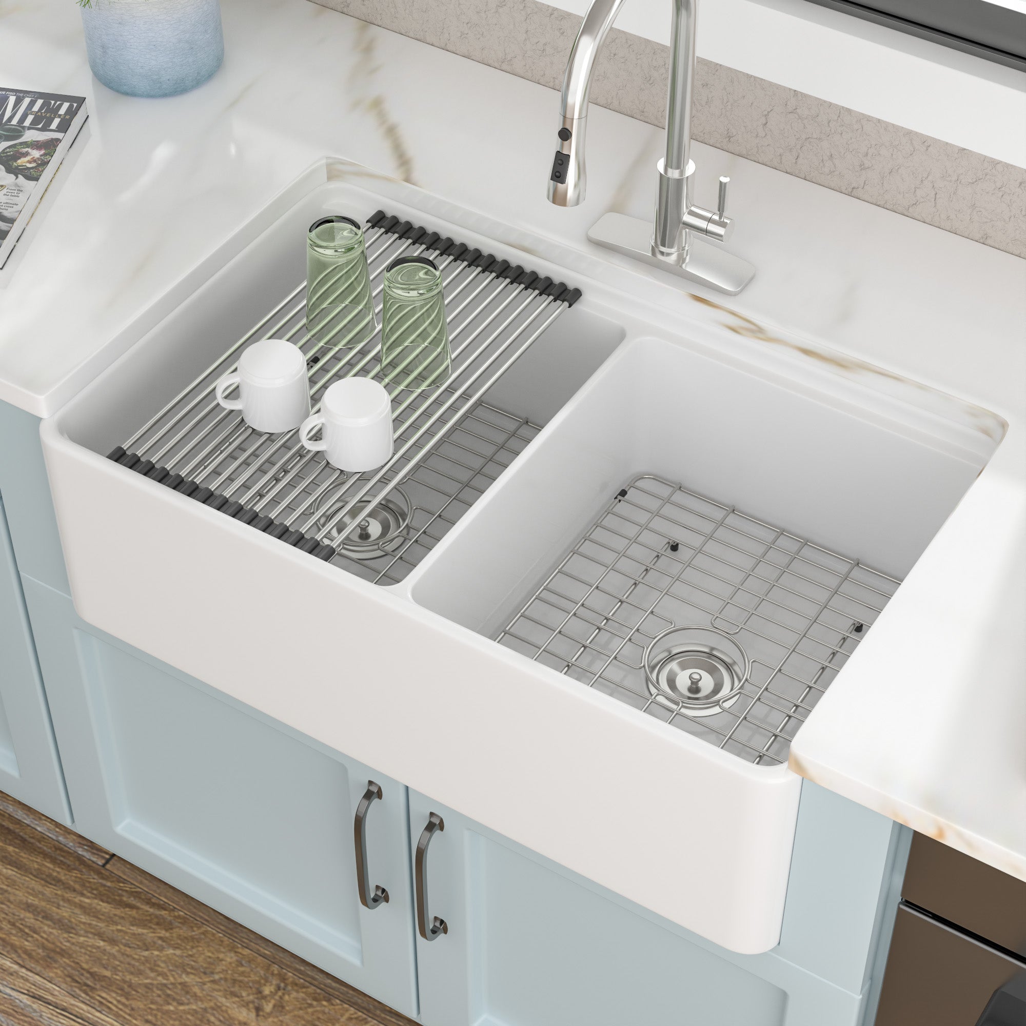 33 White Farm Sink Workstation - Fulorni 33"x20" Farmhouse Kitchen Sink Apron Front Workstation with Slide Ledge Double Bowl 50/50 White Ceramic Porcelain Fireclay Farmer Sink Basin