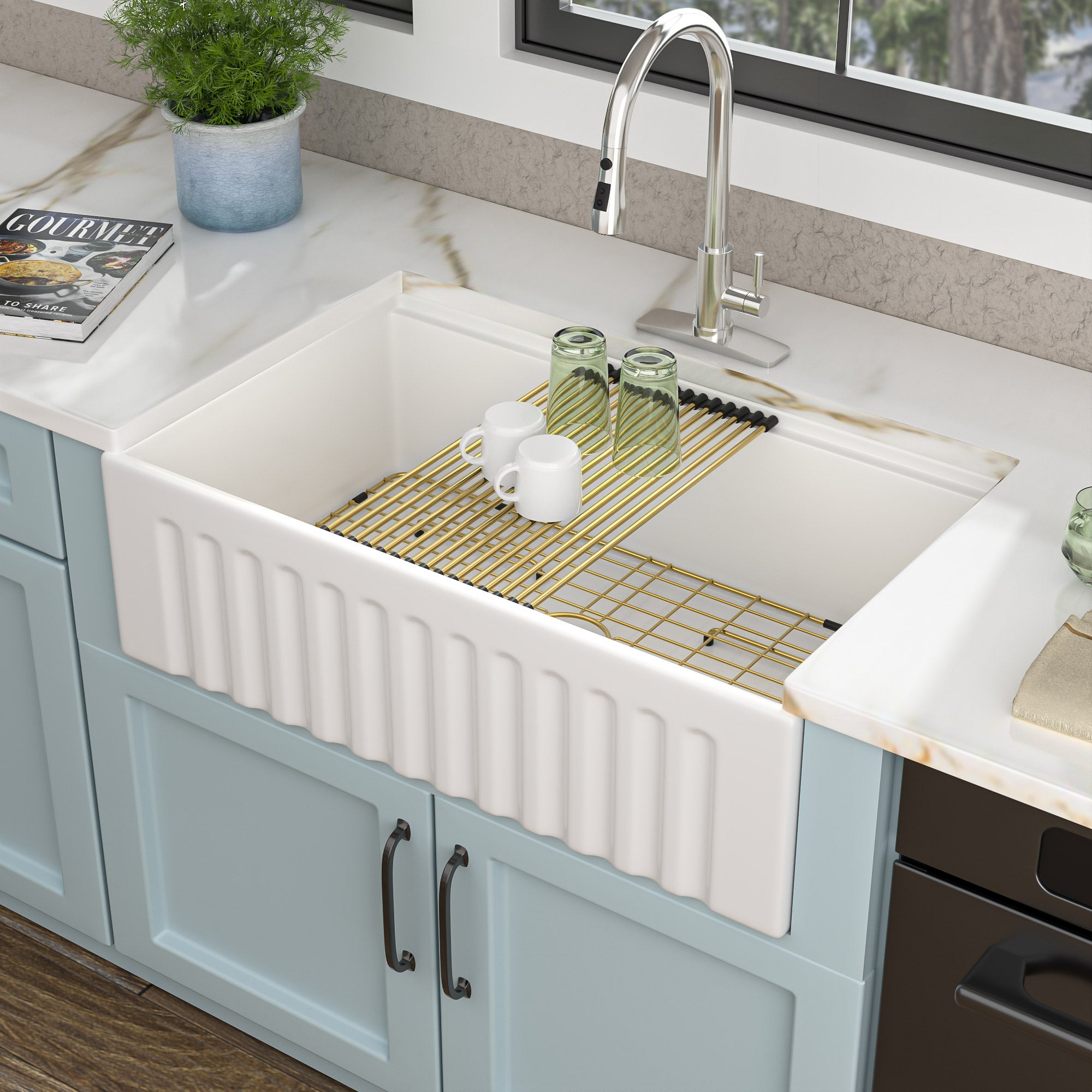 33 White Farm Sink Workstation - Fulorni 33 Inch Farmhouse Kitchen Sink Workstation with Slide Ledge Apron Front Reversible White Ceramic Porcelain Fireclay Single Bowl Farmer Sink Basin