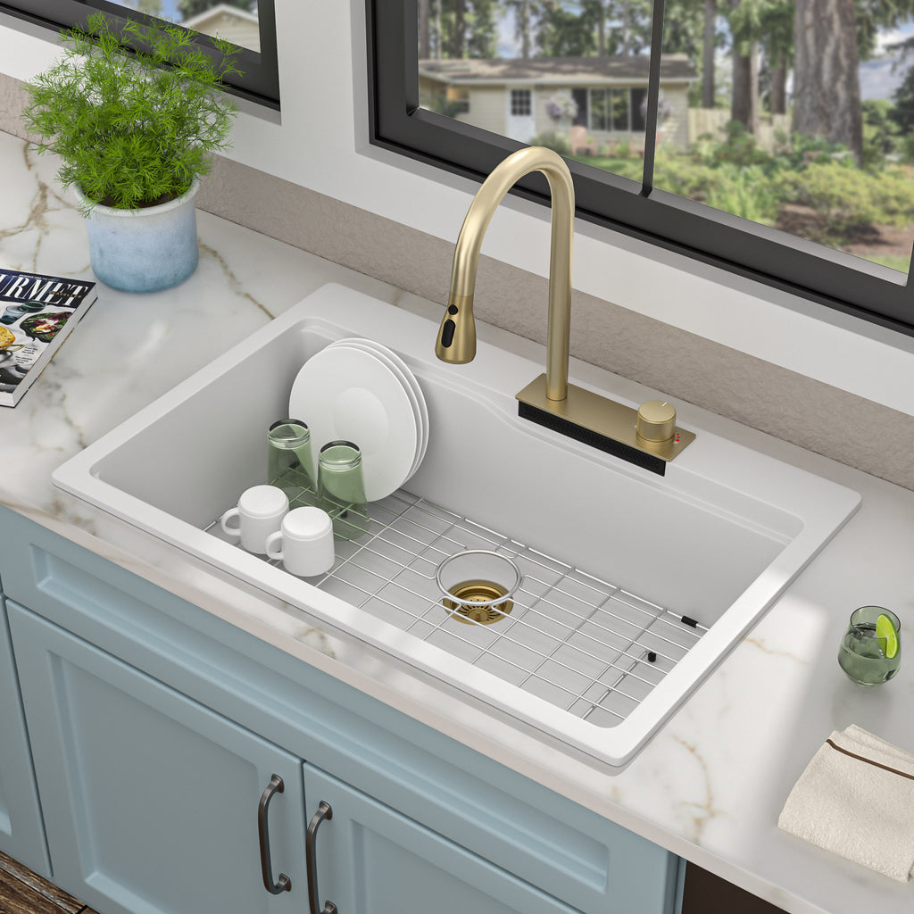 33"x22" Granite Waterfall Kitchen Sink Multifunctional Smart Workstation With Faucet Combo Drop In Topmount White Granite Composite Quartz Classic Above Counter Single Bowl Sink Basin