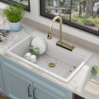 33"x22" Granite Waterfall Kitchen Sink Multifunctional Smart Workstation With Faucet Combo Drop In Topmount White Granite Composite Quartz Classic Above Counter Single Bowl Sink Basin