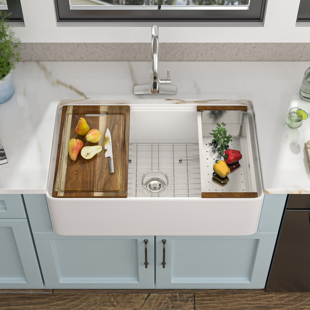 33 White Farm Sink Workstation - Fulorni 33"x20" Farmhouse Kitchen Sink Apron Front Workstation with Slide Ledge Double Bowl 50/50 White Ceramic Porcelain Fireclay Farmer Sink Basin