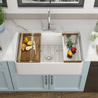 33 White Farm Sink Workstation - Fulorni 33"x20" Farmhouse Kitchen Sink Apron Front Workstation with Slide Ledge Double Bowl 50/50 White Ceramic Porcelain Fireclay Farmer Sink Basin