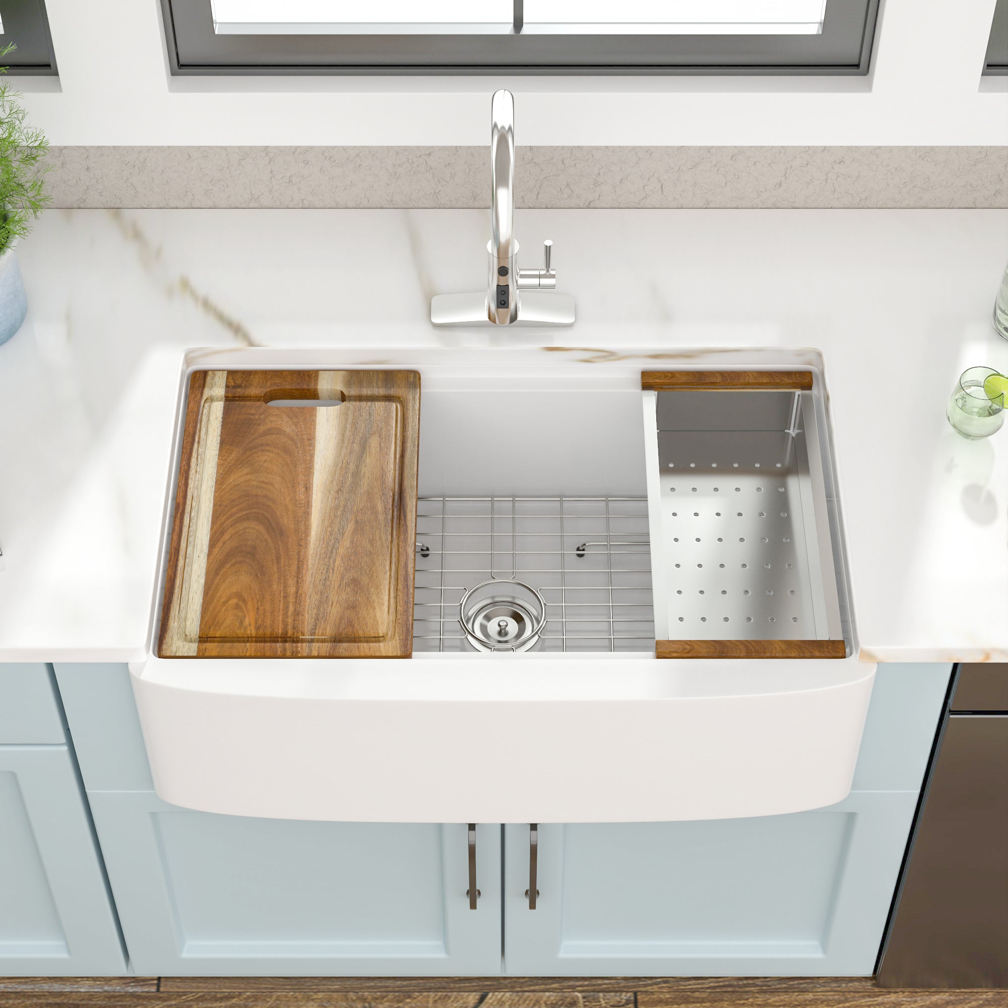 33 White Farm Sink Workstation - Fulorni 33"x21" Apron Front Farmhouse Sink Workstation with Slide Ledge White Ceramic Porcelain Fireclay Single Bowl Farmer Kitchen Sink Basin