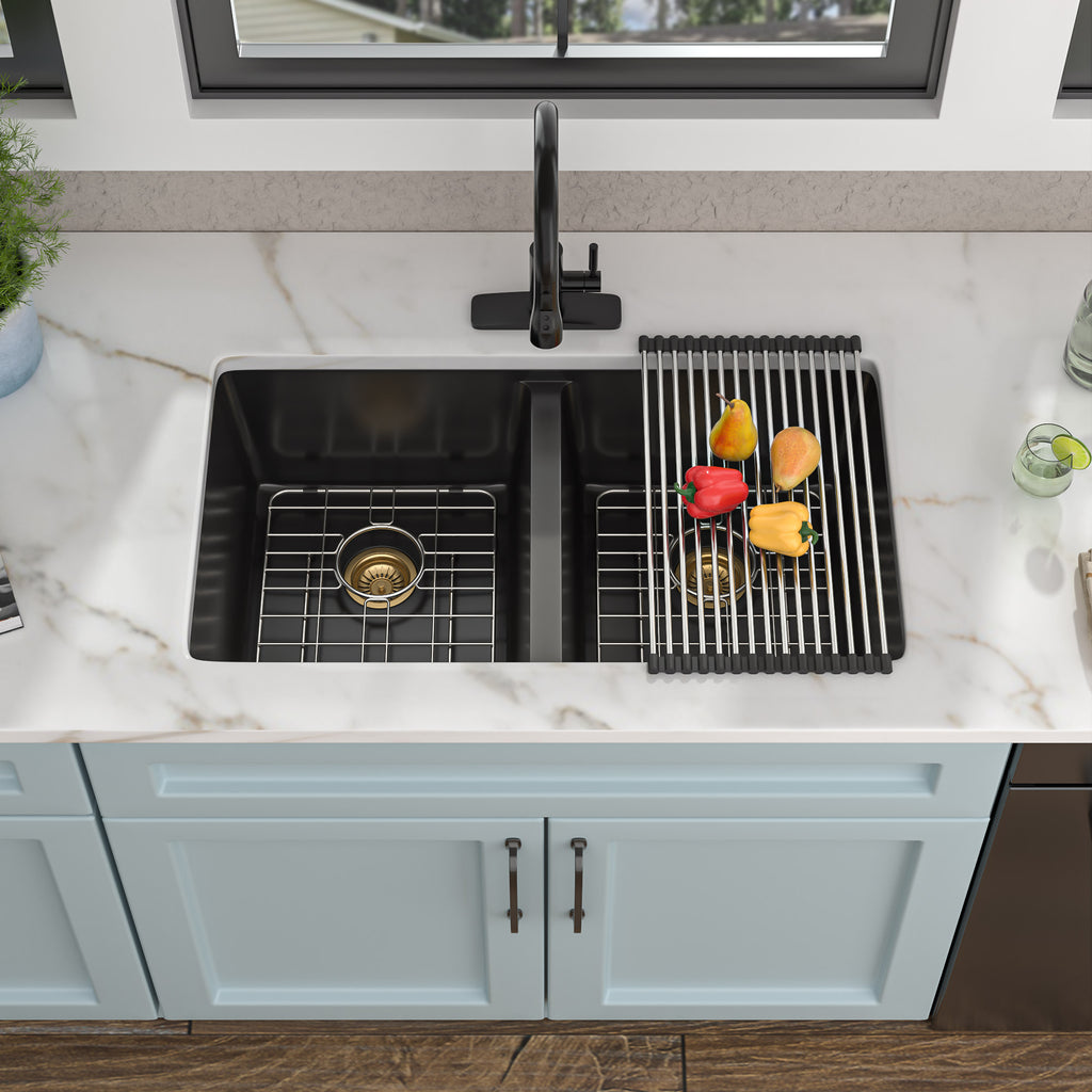 33 Granite Composite Kitchen Sink Double Bowl - Fulorni 33"x19" Black Granite Kitchen Sink Undermount Double Bowl 50/50 Quartz Classic Composite Matte Black Under Counter Sink Basin