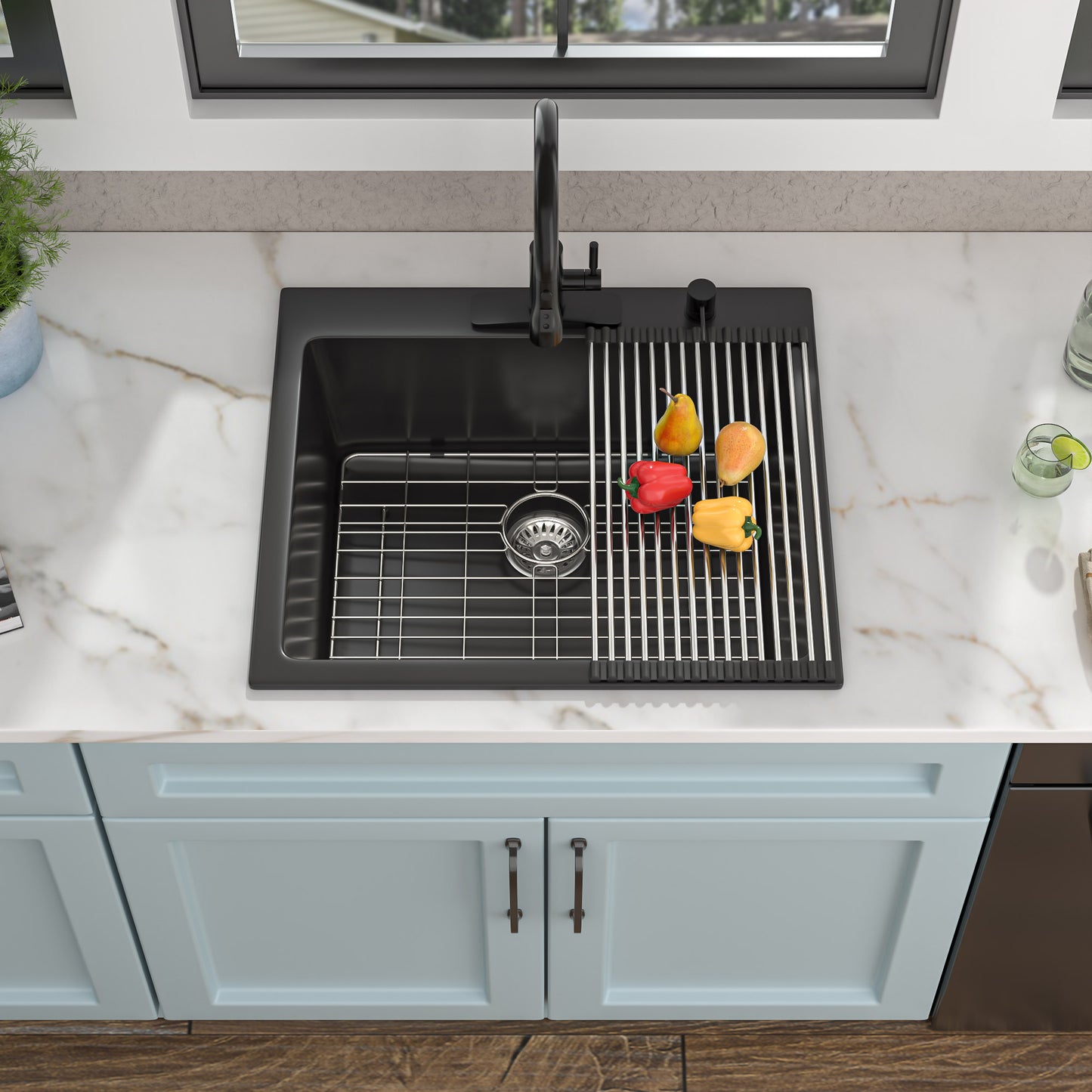 25 Granite Composite Kitchen Sink - Fulorni 25"×22" Granite Kitchen Sink Drop In Topmount Matte Black Quartz Classic Above Counter Single Bowl Sink Basin