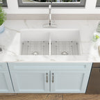 32 White Sink Undermount Double Bowl - Fulorni 32"x19" Kitchen Sink Dual Mount Double Bowl 50/50 White Ceramic Porcelain Fireclay Sink Basin