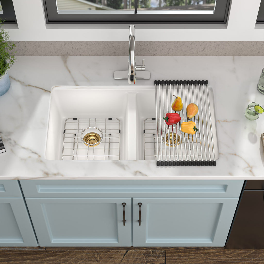 33 Granite Composite Kitchen Sink Double Bowl - Fulorni 33"x19" Granite Kitchen Sink White Undermount Double Bowl 50/50 Quartz Classic Composite Under Counter Sink Basin