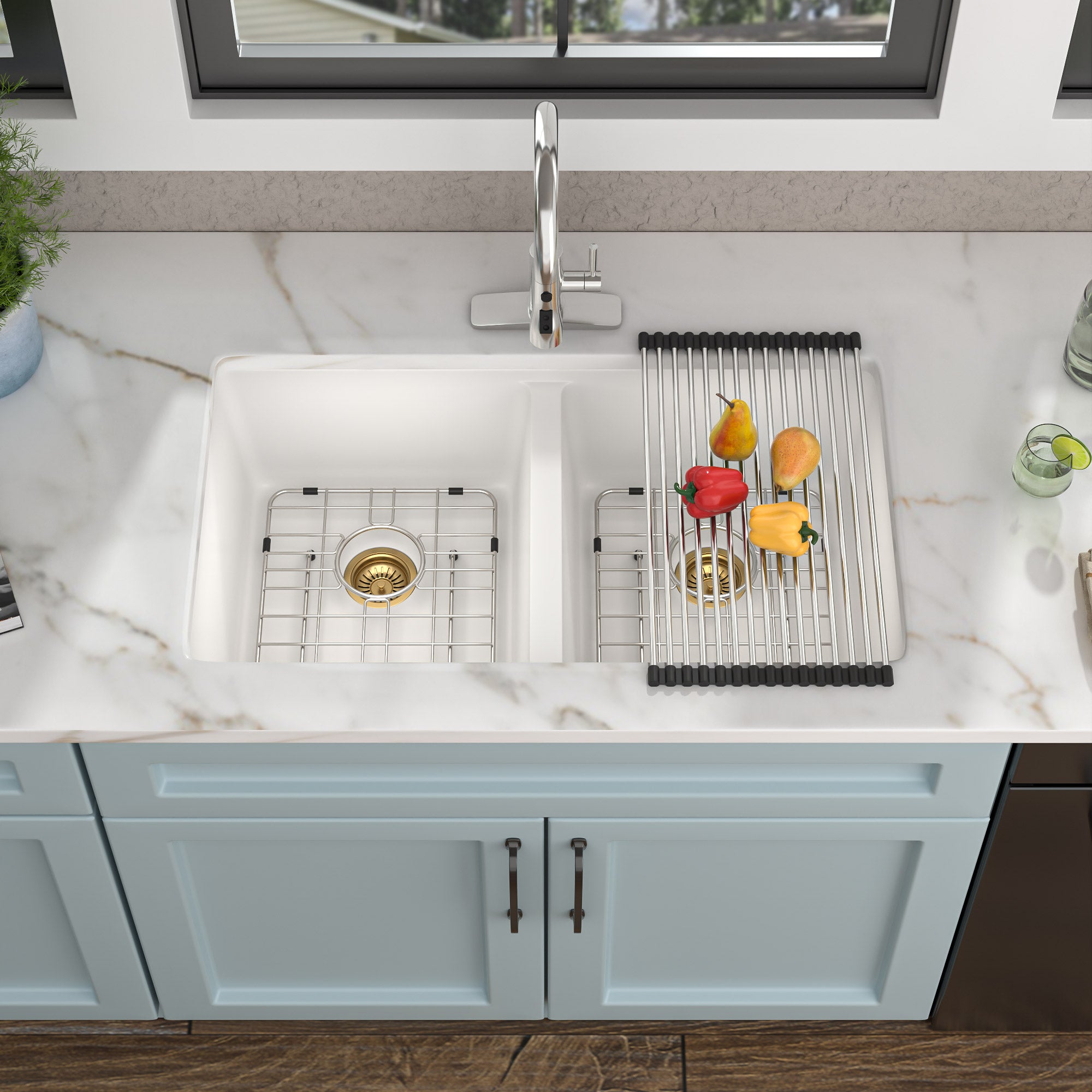 33 Granite Composite Kitchen Sink Double Bowl - Fulorni 33"x19" Granite Kitchen Sink White Undermount Double Bowl 50/50 Quartz Classic Composite Under Counter Sink Basin