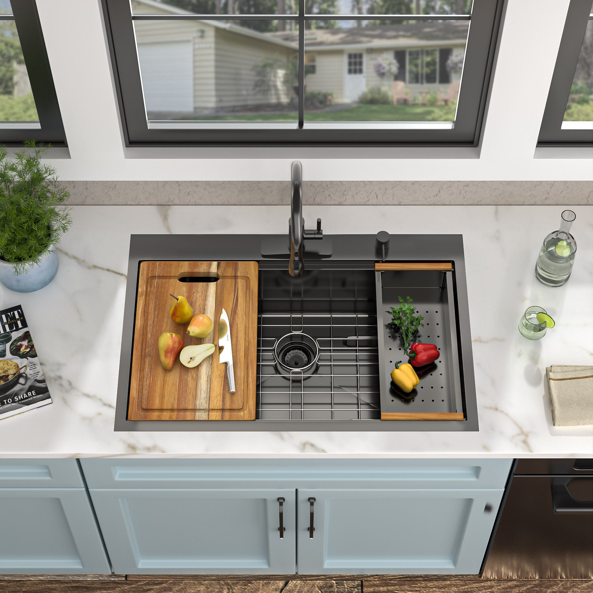 36 Black Kitchen Sink Drop In - Fulorni 36x22 Inch Kitchen Sink Gunmetal Black NANO-PVD Large Ledge Workstation Drop In Topmount 16 Gauge Stainless Steel Single Bowl Sink Basin