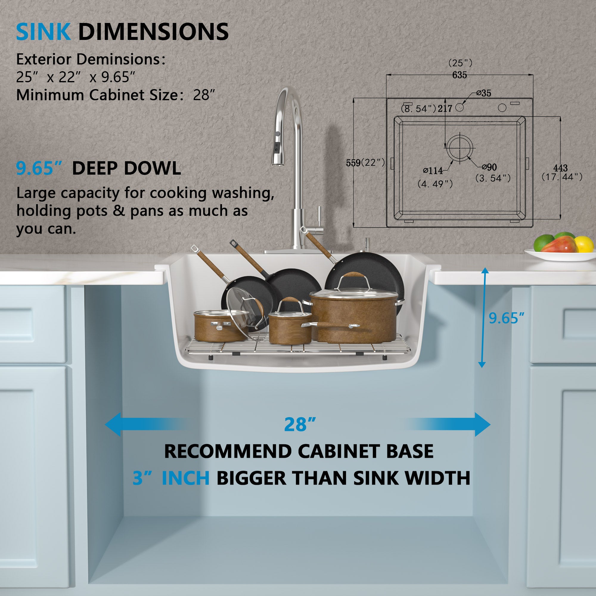 25 Granite Composite Kitchen Sink - Fulorni 25"×22" Granite Kitchen Sink Drop In Topmount White Quartz Classic Above Counter Single Bowl Sink Basin