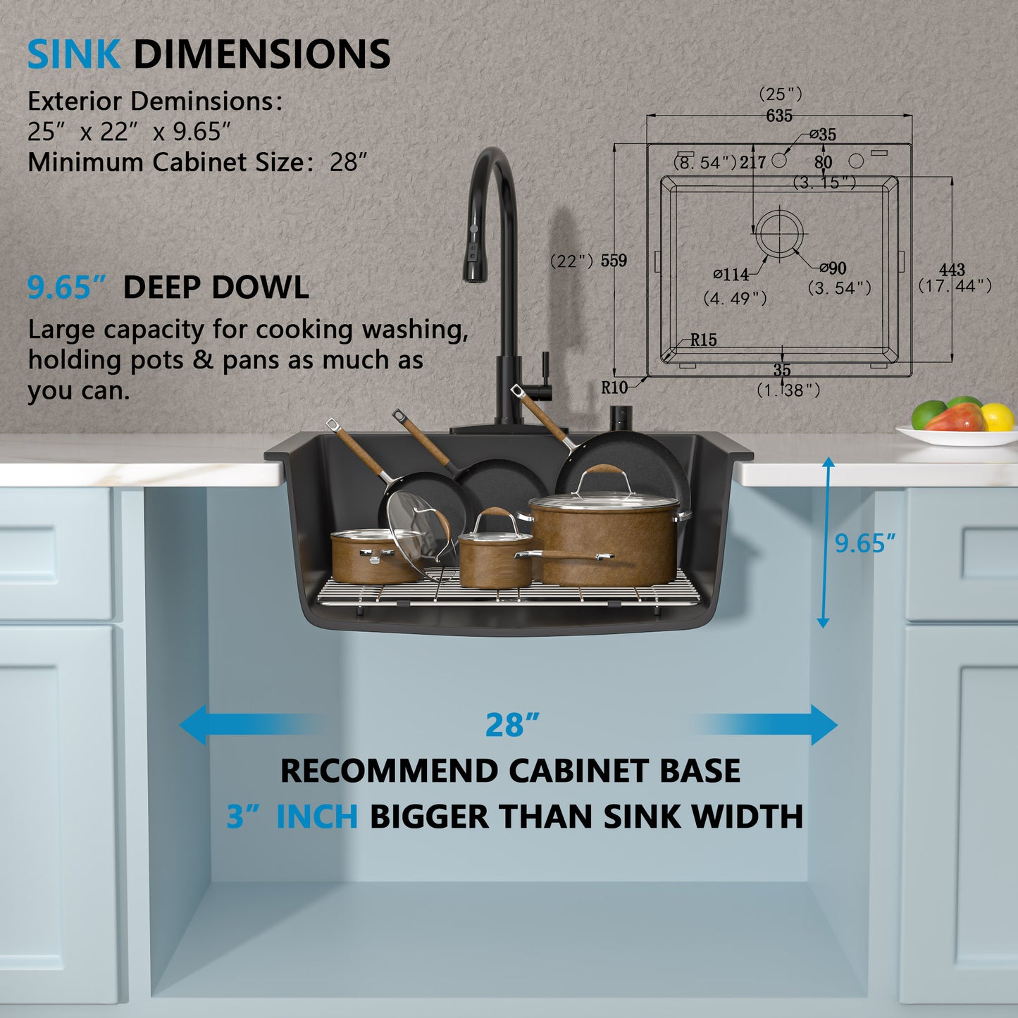 25 Granite Composite Kitchen Sink - Fulorni 25"×22" Granite Kitchen Sink Drop In Topmount Matte Black Quartz Classic Above Counter Single Bowl Sink Basin