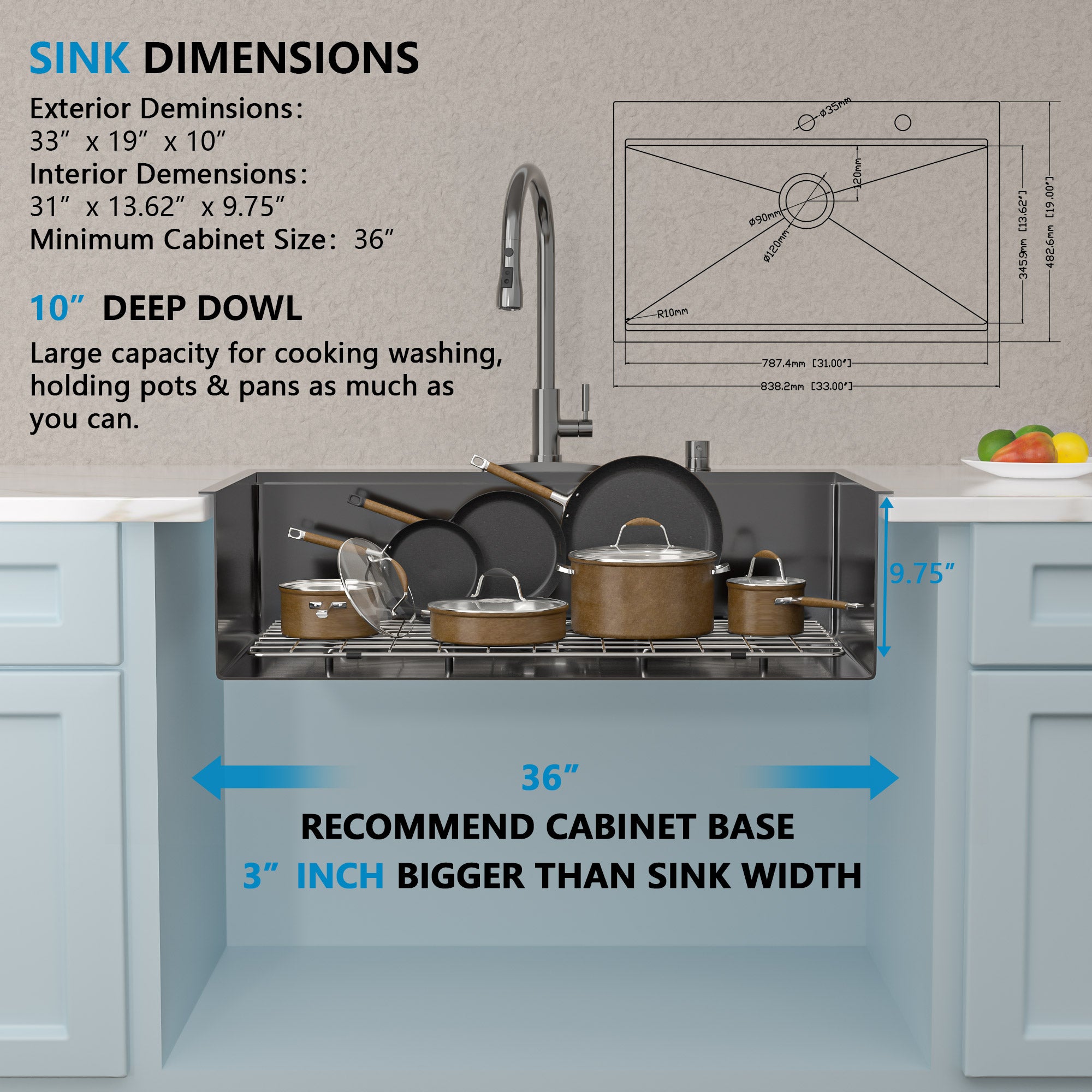 33 Black Kitchen Sink Drop In - Fulorni 33x19 Inch Kitchen Sink Gunmetal Black NANO-PVD Ledge Workstation Drop In Topmount 16 Gauge Stainless Steel Single Bowl Sink Basin
