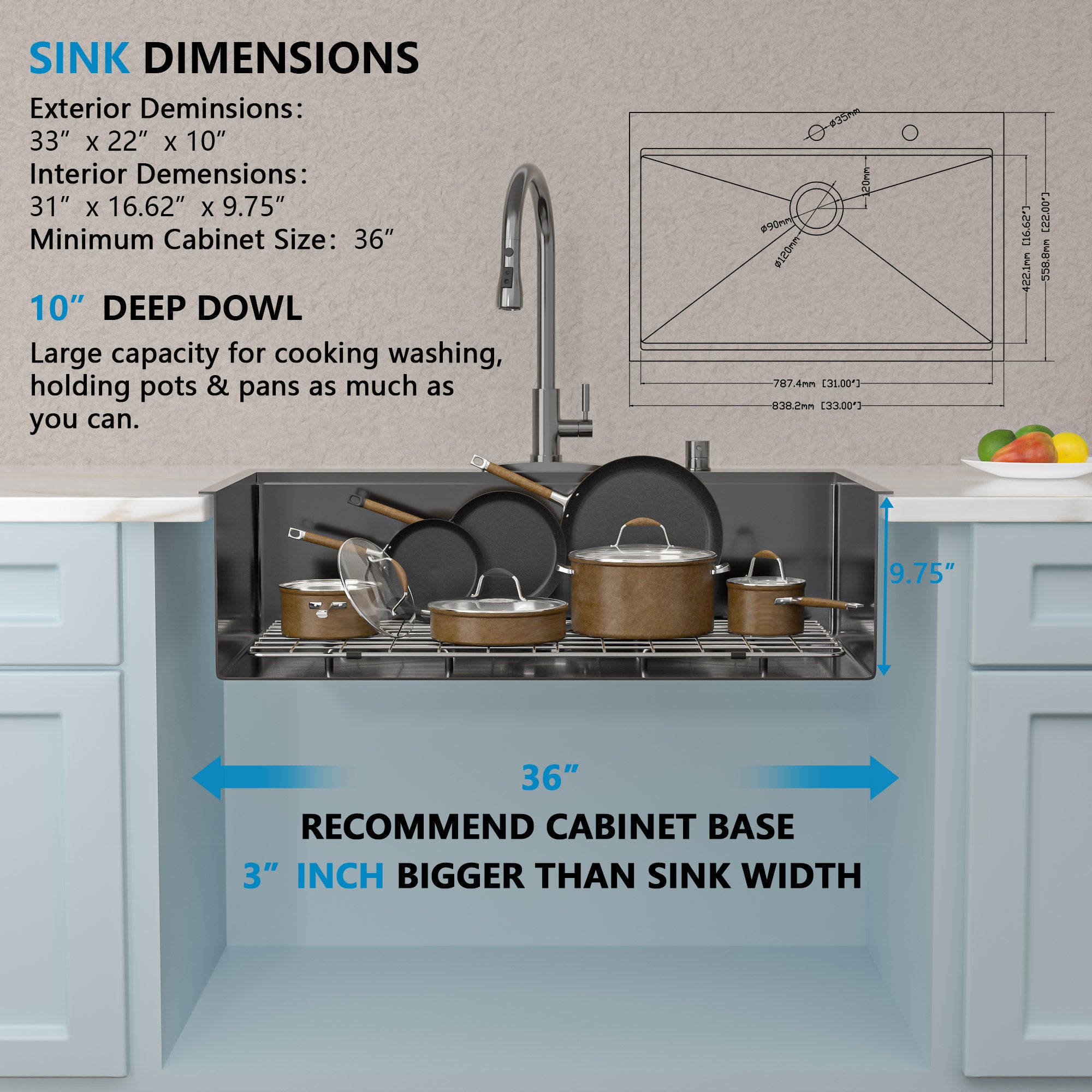 33 Black Kitchen Sink Drop In - Fulorni 33x22 Inch Kitchen Sink Gunmetal Black NANO-PVD Ledge Workstation Drop In Topmount 16 Gauge Stainless Steel Single Bowl Sink Basin