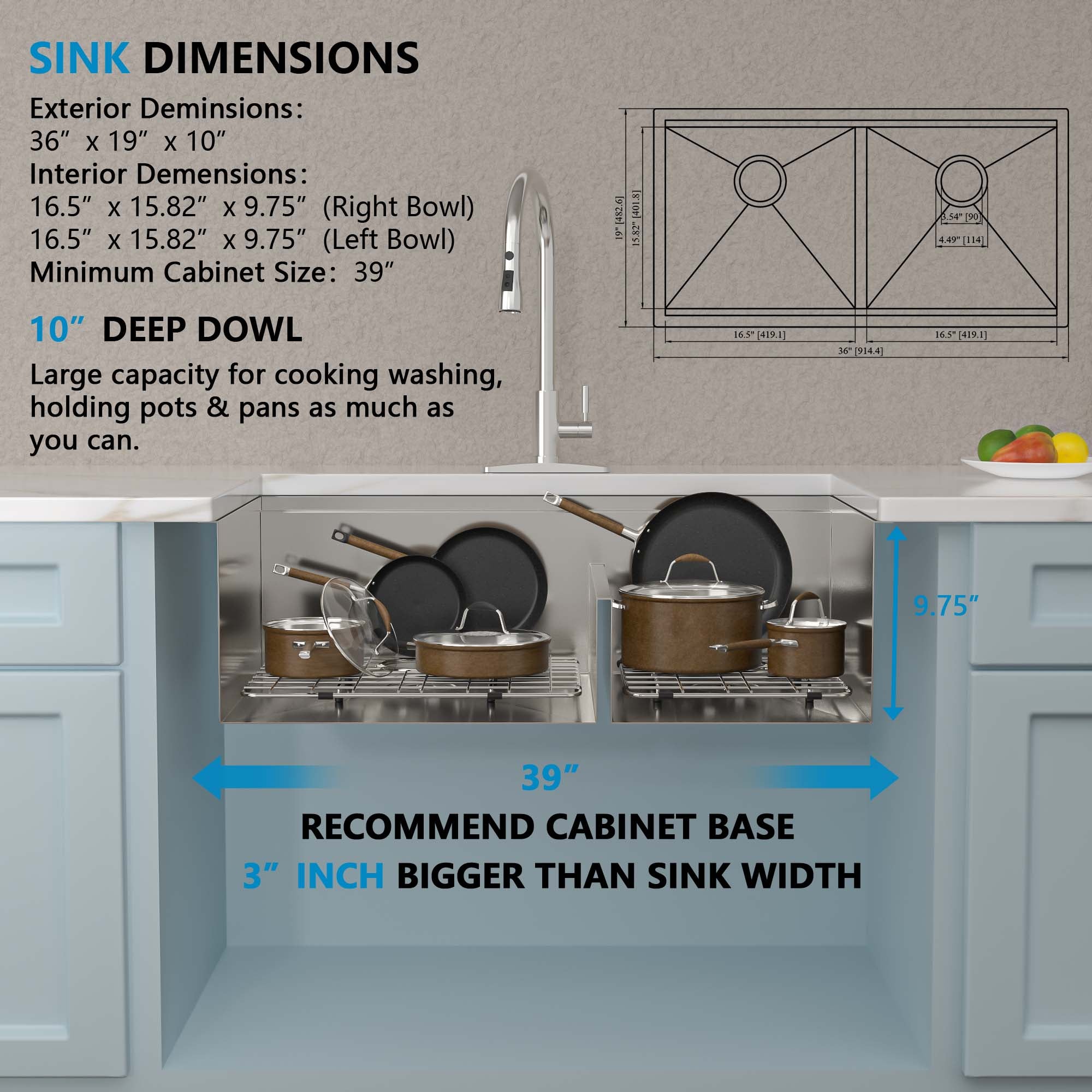 36 Undermount Kitchen Sink Double Bowl - Fulorni 36x19 Inch Kitchen Sink Ledge Workstation Low Divide Double Bowl 50/50 Split 16 Gauge Stainless Steel Under Counter Sink Basin