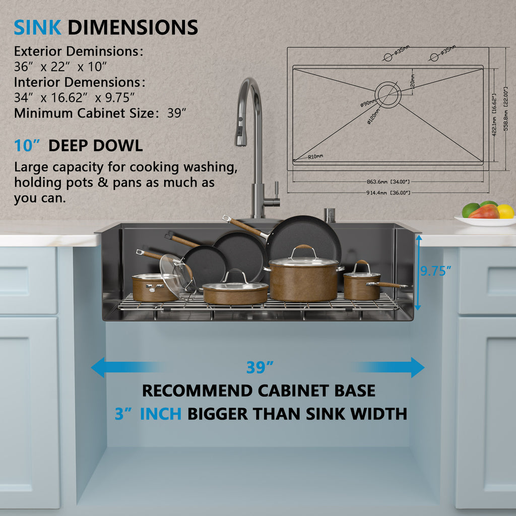 36 Black Kitchen Sink Drop In - Fulorni 36x22 Inch Kitchen Sink Gunmetal Black NANO-PVD Large Ledge Workstation Drop In Topmount 16 Gauge Stainless Steel Single Bowl Sink Basin