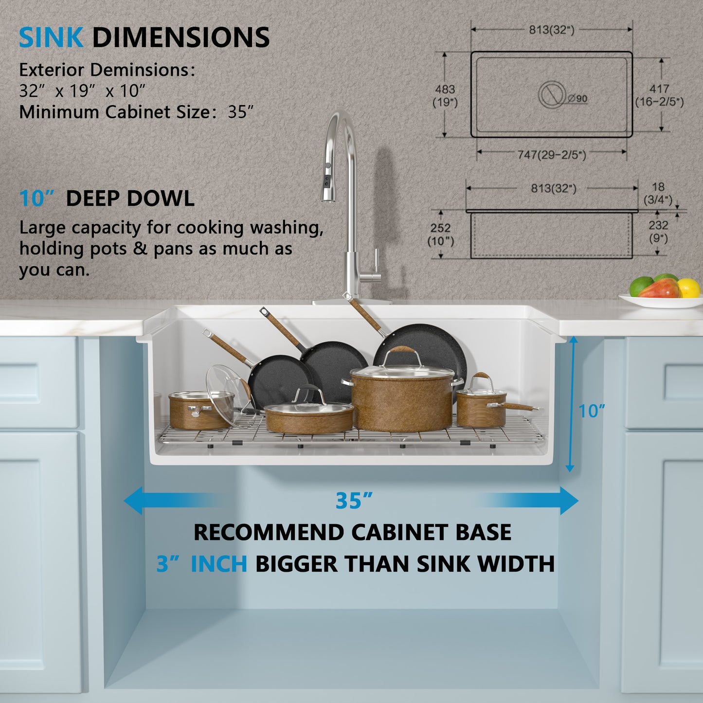32 White Sink Undermount - Fulorni 32"x19" Kitchen Sink Dual Mount White Ceramic Porcelain Fireclay Rectangular Deep Single Bowl Sink Basin