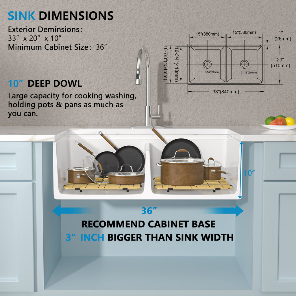 33 White Farm Sink Workstation - Fulorni 33"x20" Farmhouse Kitchen Sink Apron Front Workstation with Slide Ledge Reversible Double Bowl 50/50 White Ceramic Porcelain Fireclay Farmer Sink Basin