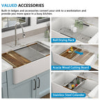 33 White Farm Sink Workstation - Fulorni 33"x20" Farmhouse Kitchen Sink Apron Front Workstation with Slide Ledge Double Bowl 50/50 White Ceramic Porcelain Fireclay Farmer Sink Basin