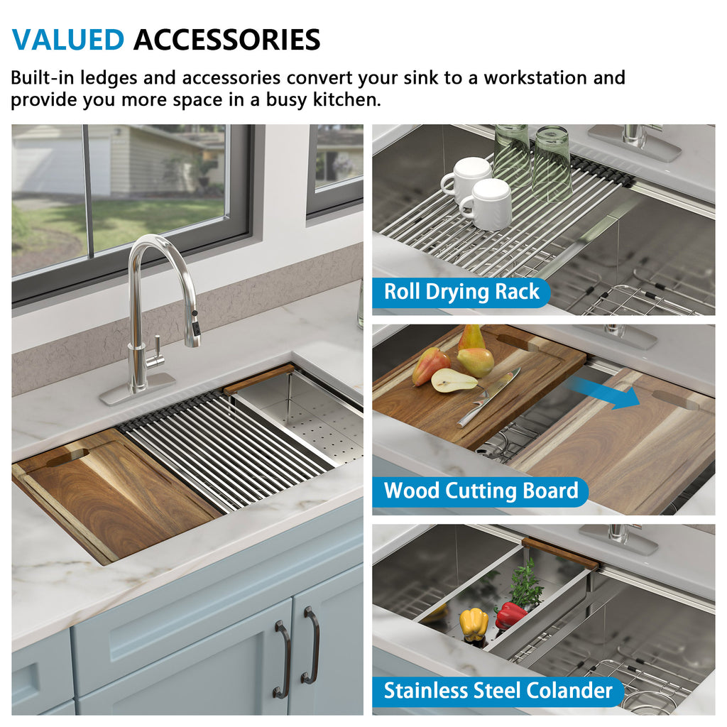 33 Undermount Kitchen Sink Double Bowl - Fulorni 33x19 Inch Kitchen Sink Ledge Workstation Low Divide Double Bowl 50/50 Split 16 Gauge Stainless Steel Under Counter Sink Basin