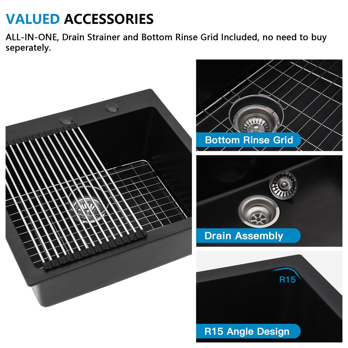 25 Granite Composite Kitchen Sink - Fulorni 25"×22" Granite Kitchen Sink Drop In Topmount Matte Black Quartz Classic Above Counter Single Bowl Sink Basin