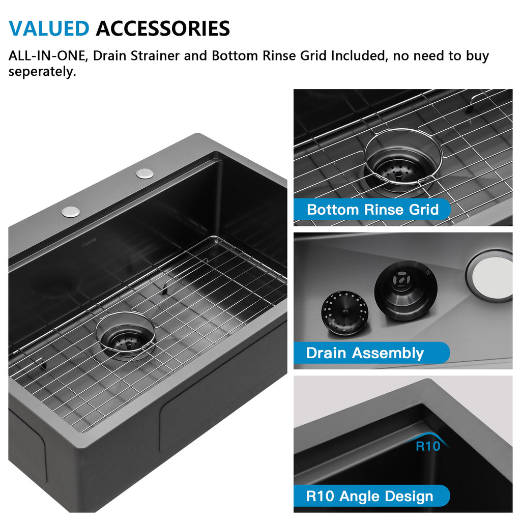 36 Black Kitchen Sink Drop In - Fulorni 36x22 Inch Kitchen Sink Gunmetal Black NANO-PVD Large Ledge Workstation Drop In Topmount 16 Gauge Stainless Steel Single Bowl Sink Basin
