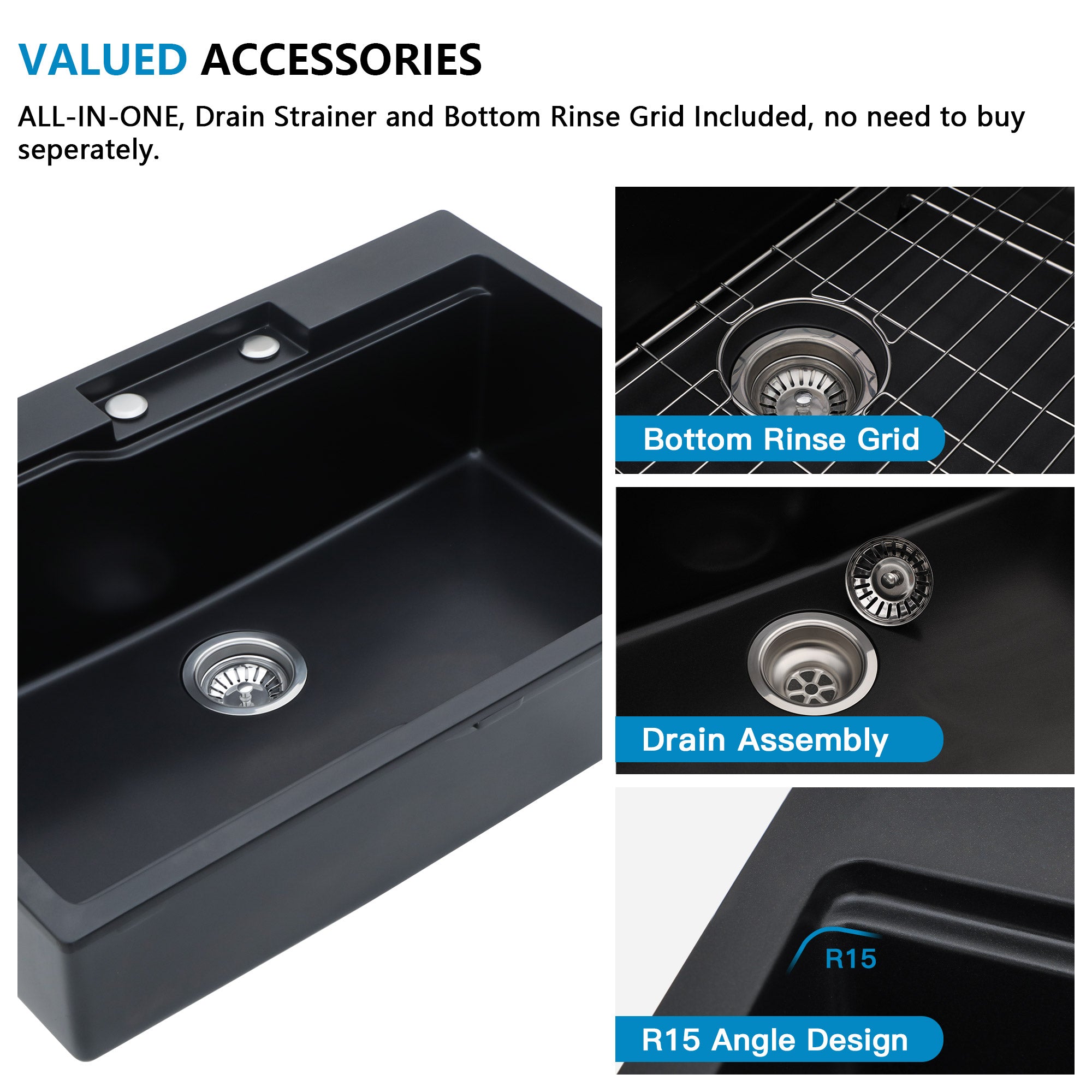 33"x22" Granite Waterfall Kitchen Sink Multifunctional Smart Workstation With Faucet Combo Drop In Topmount Matte Black Granite Composite Quartz Classic Above Counter Single Bowl Sink Basin