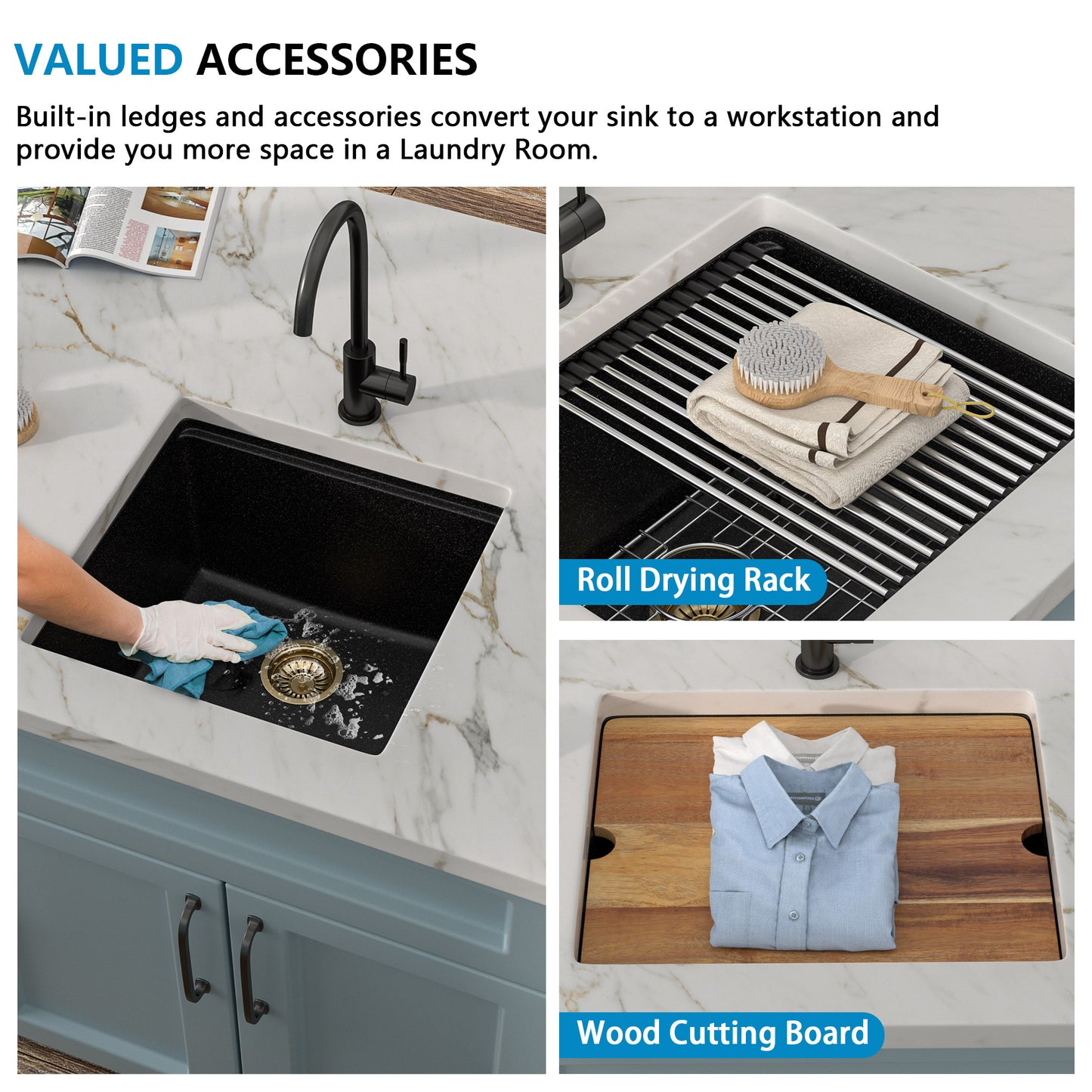 18 Undermount Laundry Sink - Fulorni 18"x18" Laundry Utility Sink Workstation Matte Black Granite Composite Quartz Classic Under Counter Deep Single Bowl Utility Laundry Room Sink Basin