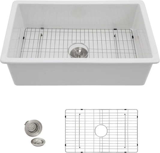 27 White Kitchen Sink Drop In - Fulorni 27"x19" Kitchen Sink Drop In Topmount White Ceramic Porcelain Fireclay Dual Mount Single Bowl Sink Basin