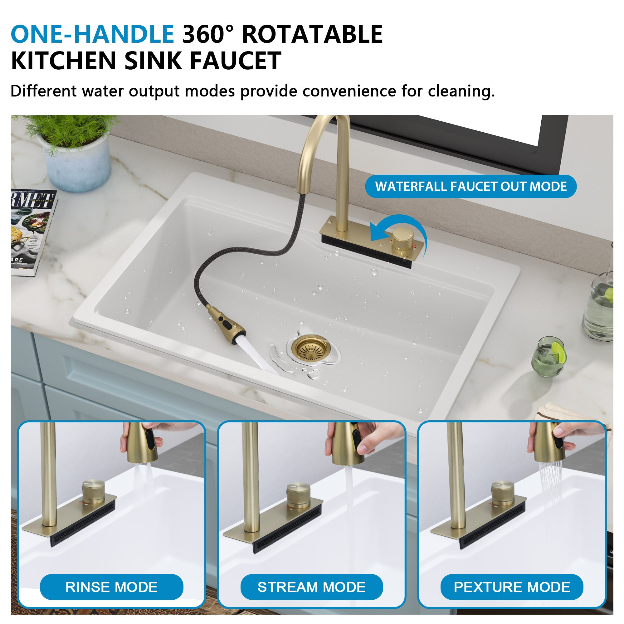 33"x22" Granite Waterfall Kitchen Sink Multifunctional Smart Workstation With Faucet Combo Drop In Topmount White Granite Composite Quartz Classic Above Counter Single Bowl Sink Basin