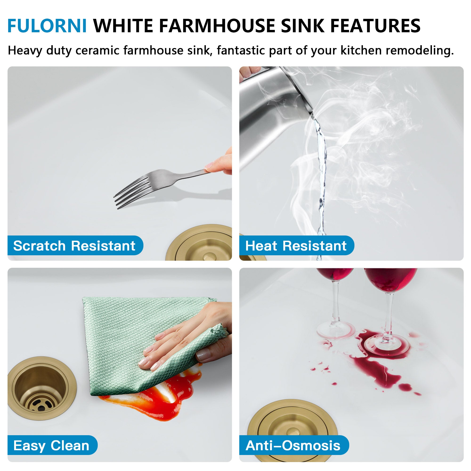 33 White Farm Sink Workstation - Fulorni 33 Inch Farmhouse Kitchen Sink Workstation with Slide Ledge Apron Front Reversible White Ceramic Porcelain Fireclay Single Bowl Farmer Sink Basin