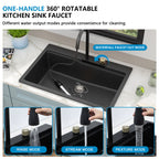 33"x22" Granite Waterfall Kitchen Sink Multifunctional Smart Workstation With Faucet Combo Drop In Topmount Matte Black Granite Composite Quartz Classic Above Counter Single Bowl Sink Basin