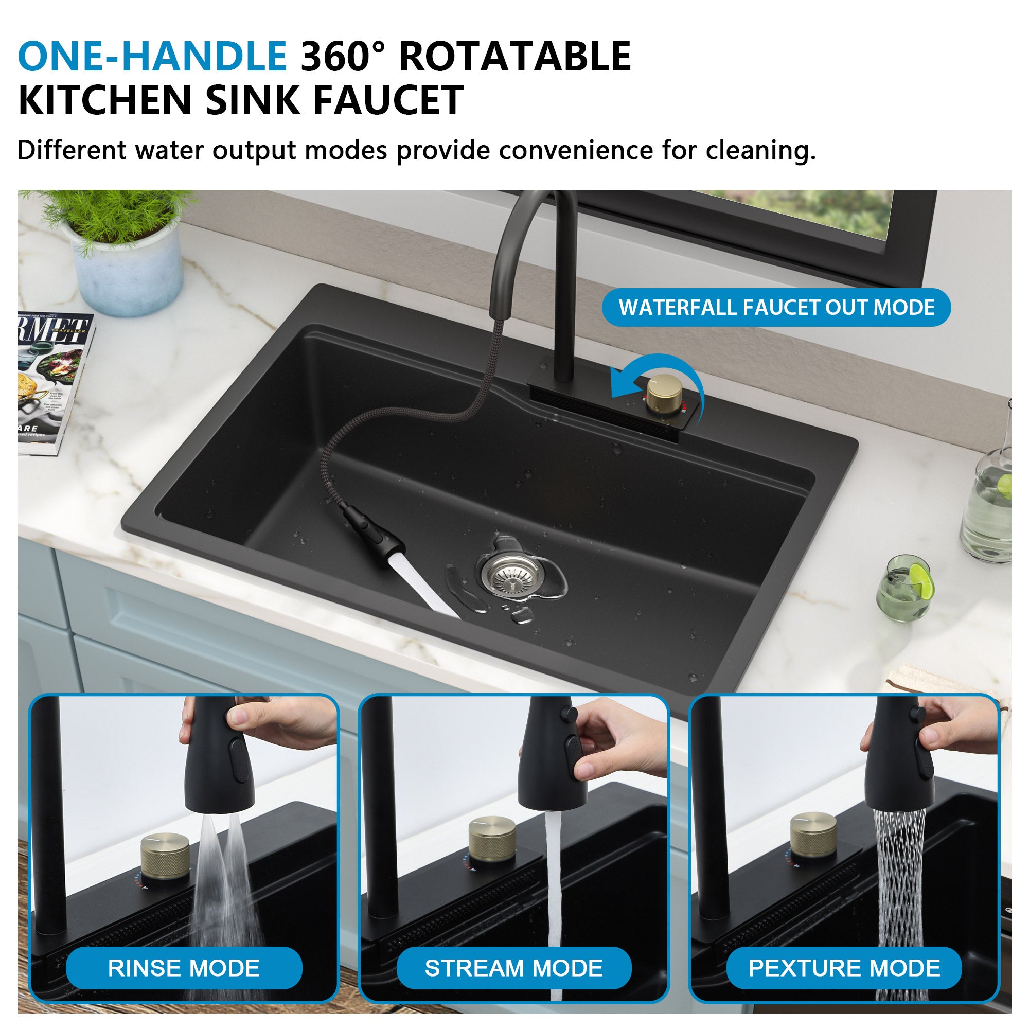 33"x22" Granite Waterfall Kitchen Sink Multifunctional Smart Workstation With Faucet Combo Drop In Topmount Matte Black Granite Composite Quartz Classic Above Counter Single Bowl Sink Basin