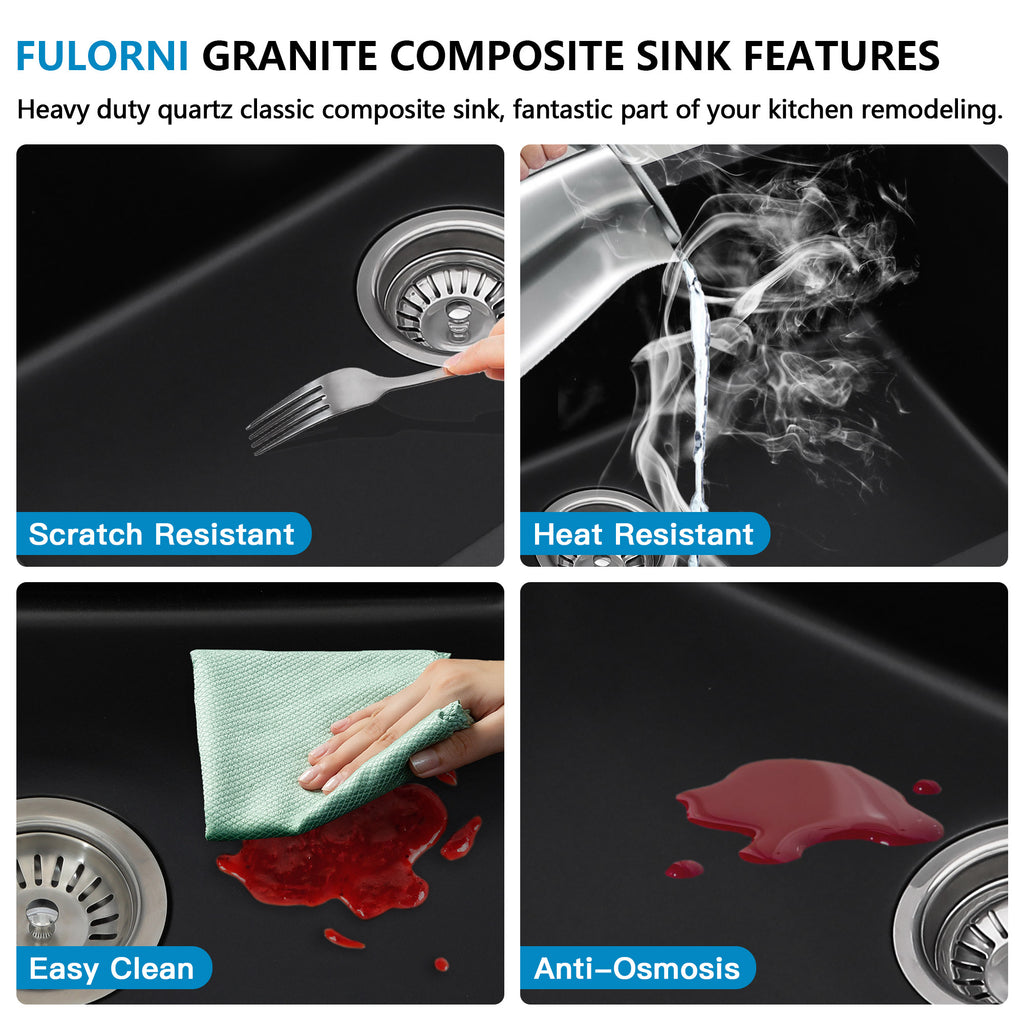 33"x22" Granite Waterfall Kitchen Sink Multifunctional Smart Workstation With Faucet Combo Drop In Topmount Matte Black Granite Composite Quartz Classic Above Counter Single Bowl Sink Basin