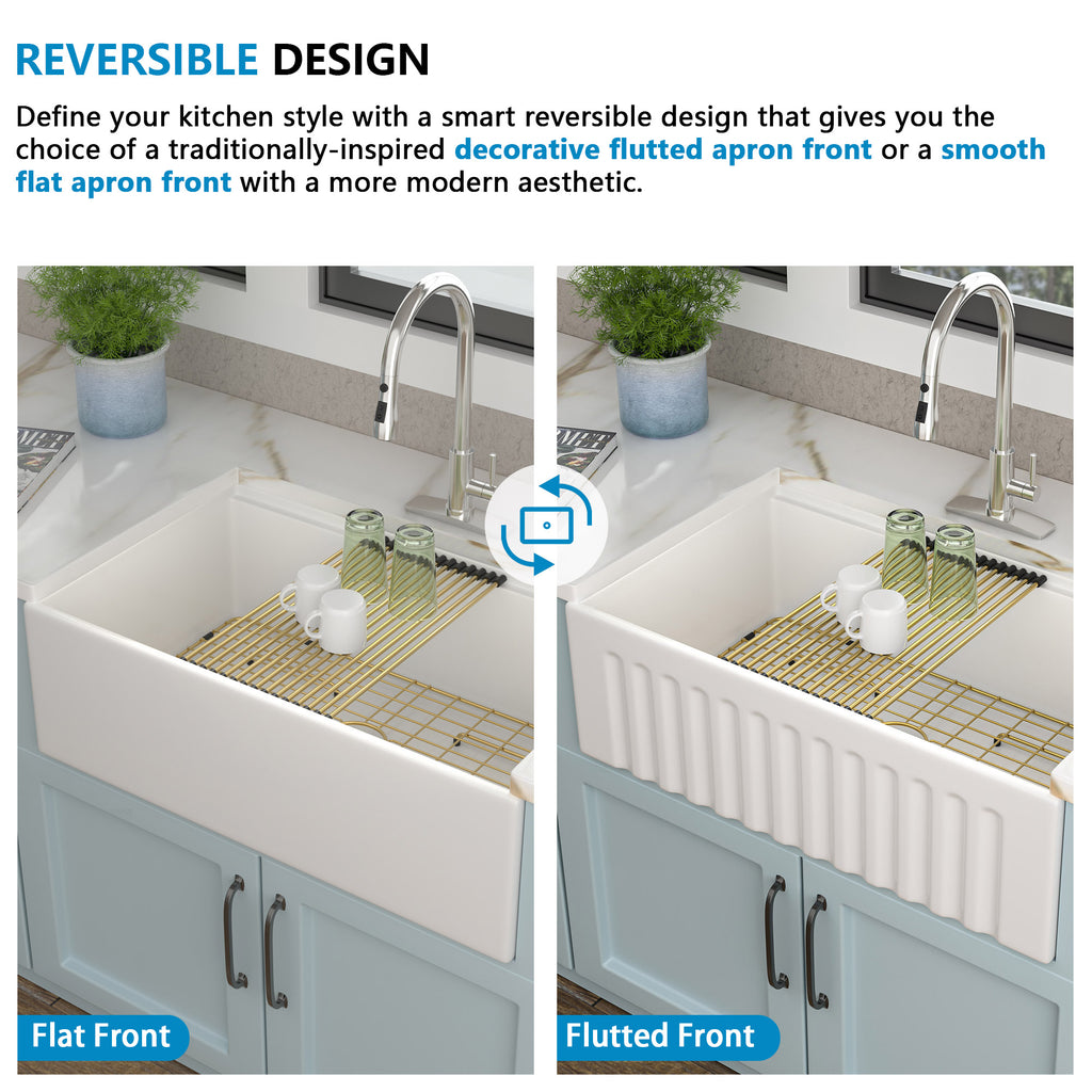 33 White Farm Sink Workstation - Fulorni 33"x20" Farmhouse Kitchen Sink Apron Front Workstation with Slide Ledge Reversible Double Bowl 50/50 White Ceramic Porcelain Fireclay Farmer Sink Basin